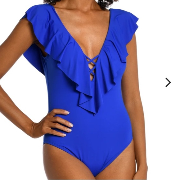 La Blanca Ruffled One Piece Swimsuit Blue V-Neck Size Small Excellent Summer - Picture 1 of 4